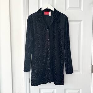 Liz Claiborne Vintage Black Burnout Velvet Paisley Button Tunic Blouse Small Y2K